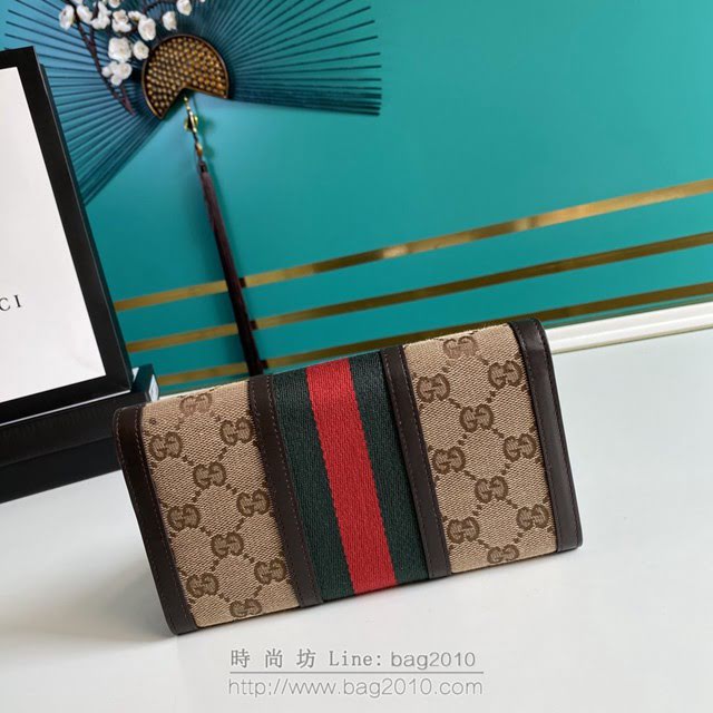 Gucci古馳包包 G家新款錢包 409440 古奇啡色杏布織帶翻蓋長款女錢包 gdj1373